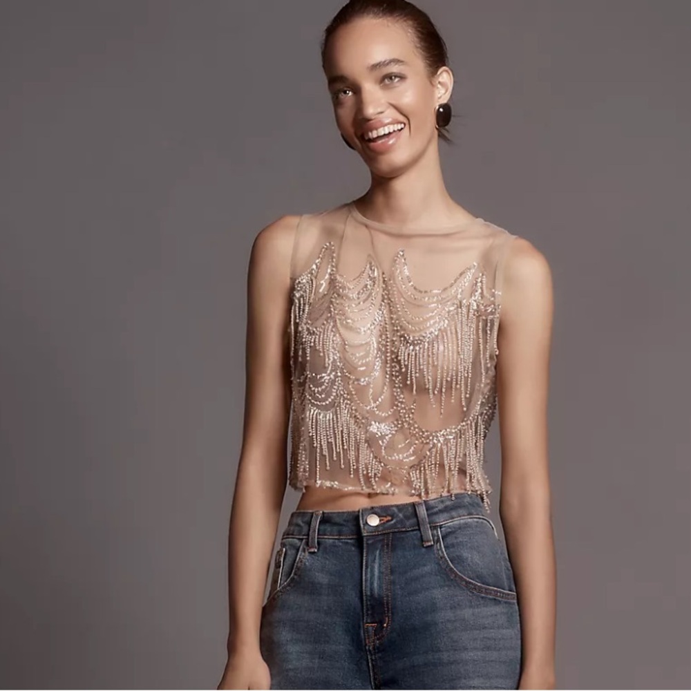 Eva Franco Sheer Mesh Embellished Sleeveless Crop Top. NWT.